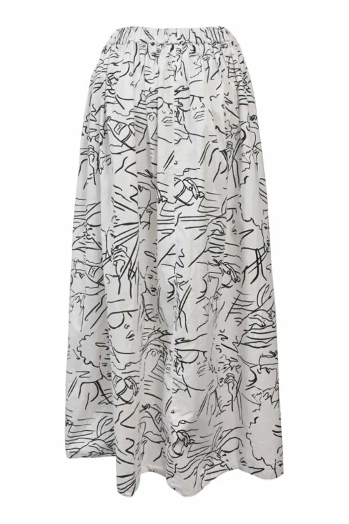 Two-tone cotton abstract fine line print pull-on A-line midi skirt with elasticated waistband
