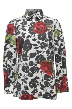 Two-tone cotton abstract rose print point collar button-front shirt