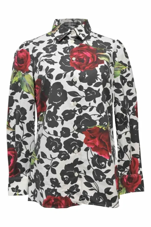 Two-tone cotton abstract rose print point collar button-front shirt