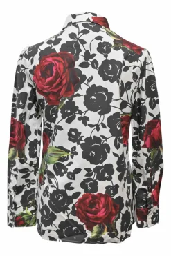 Two-tone cotton abstract rose print point collar button-front shirt