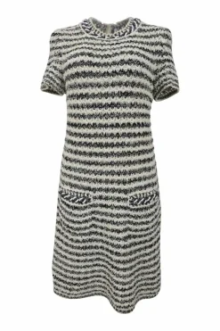 Two-tone cotton-blend chainlink-embellished novelty bouclé tweed short sleeve shift dress