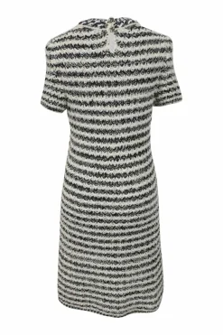 Two-tone cotton-blend chainlink-embellished novelty bouclé tweed short sleeve shift dress