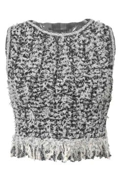 Two-tone cotton-blend fringe bouclé tweed sleeveless crop top