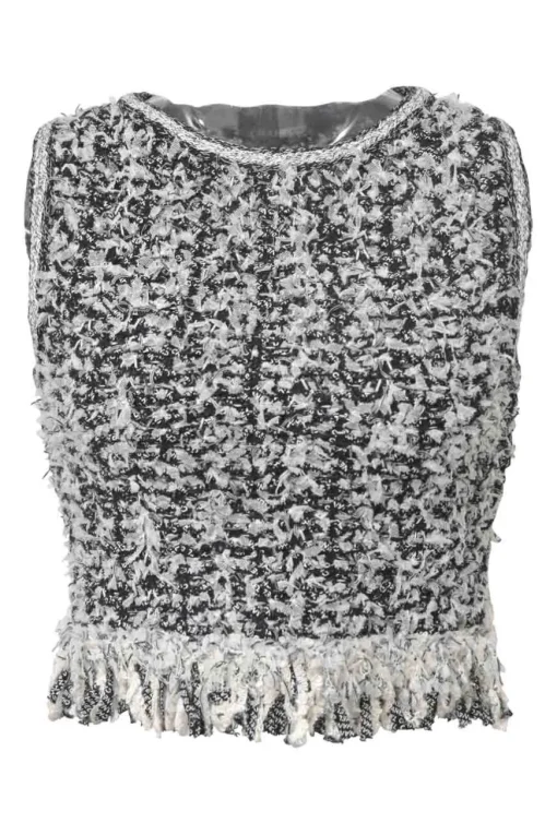 Two-tone cotton-blend fringe bouclé tweed sleeveless crop top