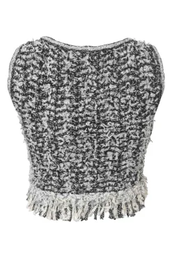 Two-tone cotton-blend fringe bouclé tweed sleeveless crop top