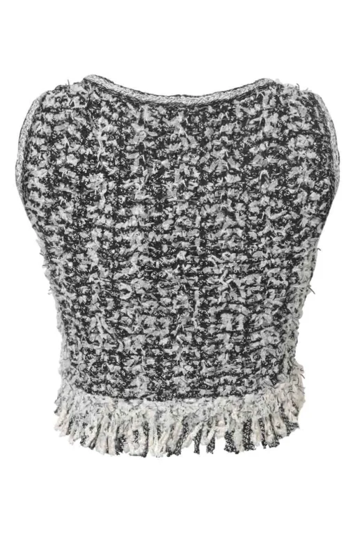 Two-tone cotton-blend fringe bouclé tweed sleeveless crop top