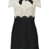 Two-tone cotton-blend paneled eyelash lace tie-neck short sleeve illusion mini dress with scalloped edges