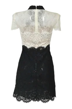 Two-tone cotton-blend paneled eyelash lace tie-neck short sleeve illusion mini dress with scalloped edges