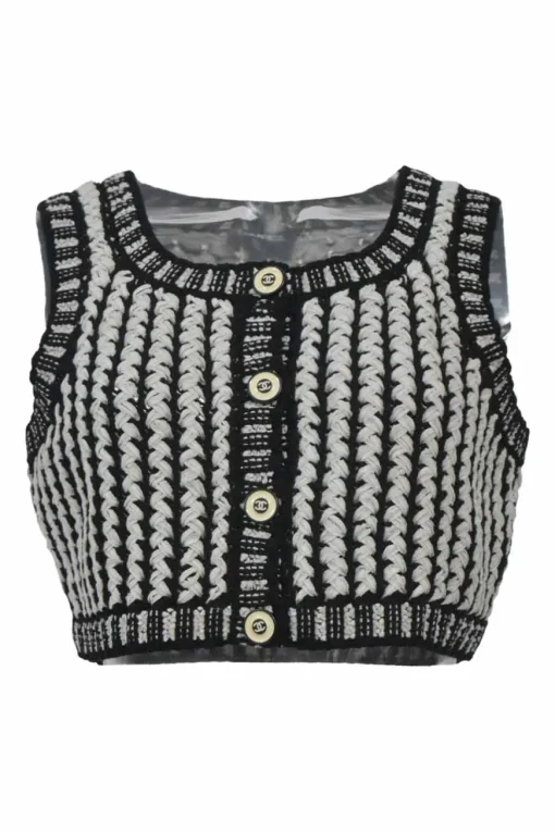 Two-tone cotton-blend racked knit button-front gilet