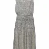 Two-tone draped semi-sheer silk georgette abstract print wrap-effect plunge neck blouson dress with contrasting guipure lace inserts