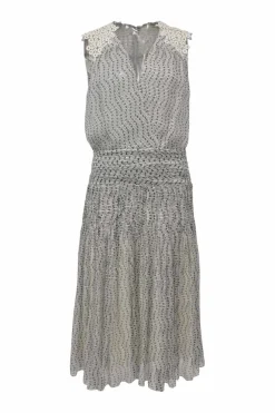 Two-tone draped semi-sheer silk georgette abstract print wrap-effect plunge neck blouson dress with contrasting guipure lace inserts