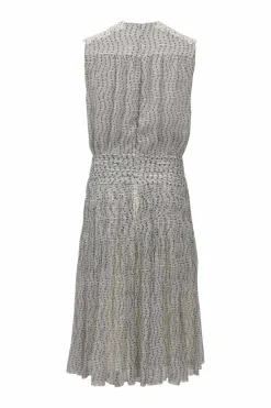 Two-tone draped semi-sheer silk georgette abstract print wrap-effect plunge neck blouson dress with contrasting guipure lace inserts