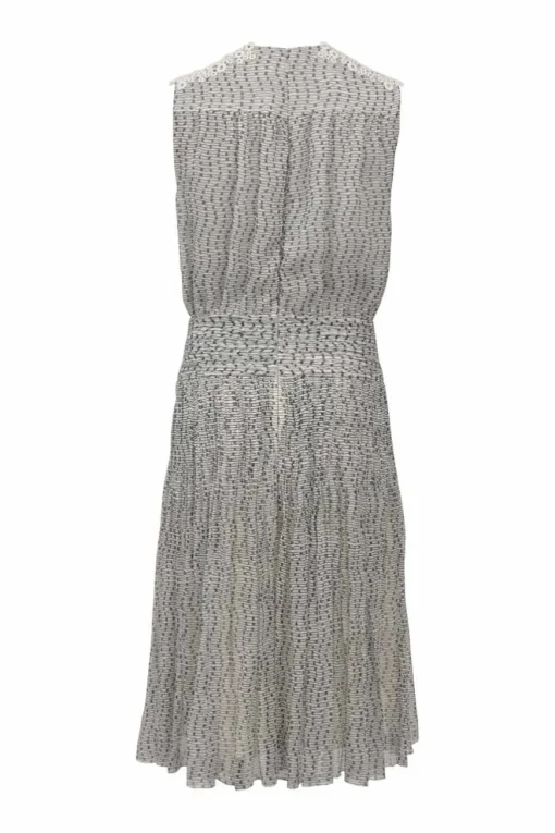 Two-tone draped semi-sheer silk georgette abstract print wrap-effect plunge neck blouson dress with contrasting guipure lace inserts