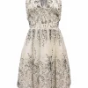 Two-tone embellished nylon halter-neck A-line dress featuring floral bead broderie motif and contrasting lace inserts