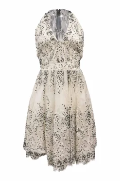 Two-tone embellished nylon halter-neck A-line dress featuring floral bead broderie motif and contrasting lace inserts