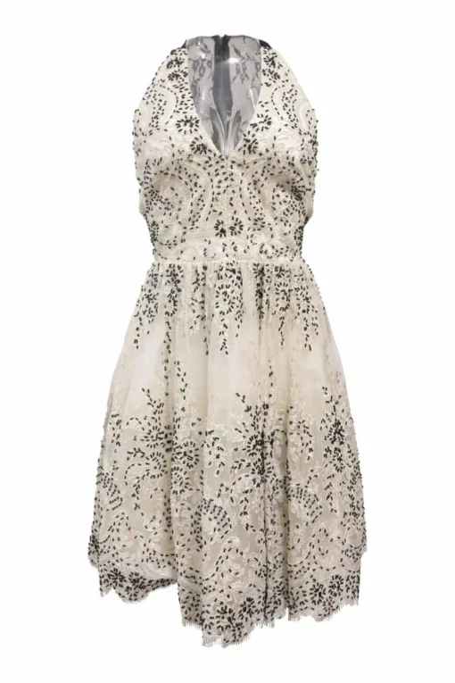 Two-tone embellished nylon halter-neck A-line dress featuring floral bead broderie motif and contrasting lace inserts