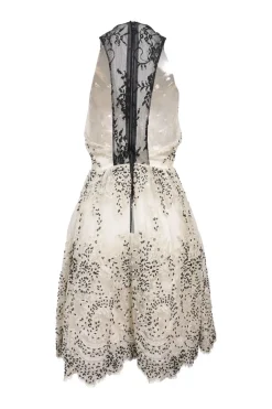 Two-tone embellished nylon halter-neck A-line dress featuring floral bead broderie motif and contrasting lace inserts