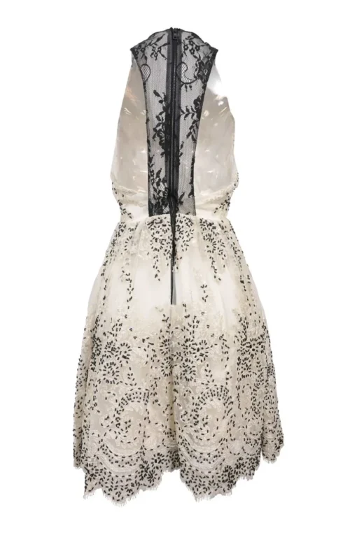 Two-tone embellished nylon halter-neck A-line dress featuring floral bead broderie motif and contrasting lace inserts