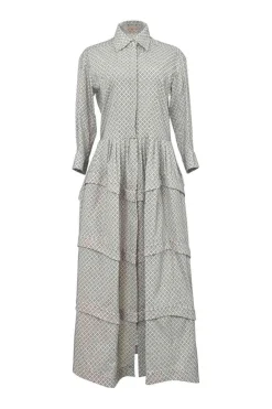 Two-tone embroidered wool-blend classic collar button-front tiered shirt dress