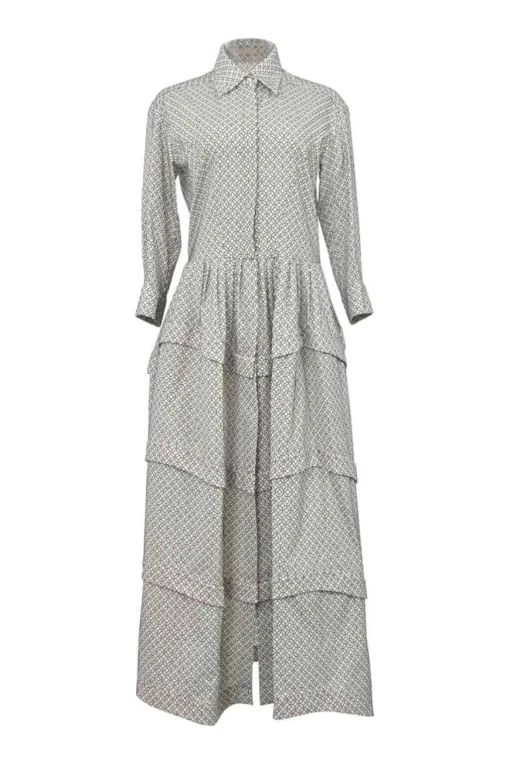 Two-tone embroidered wool-blend classic collar button-front tiered shirt dress