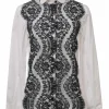 Two-tone floral lace-trimmed cotton-blend poplin Peter Pan collar button-front shirt