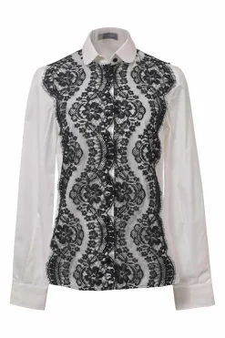 Two-tone floral lace-trimmed cotton-blend poplin Peter Pan collar button-front shirt