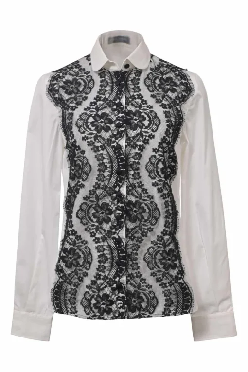 Two-tone floral lace-trimmed cotton-blend poplin Peter Pan collar button-front shirt