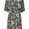 Two-tone floral print plunge neck button-front half-sleeve mini dress