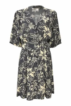 Two-tone floral print plunge neck button-front half-sleeve mini dress