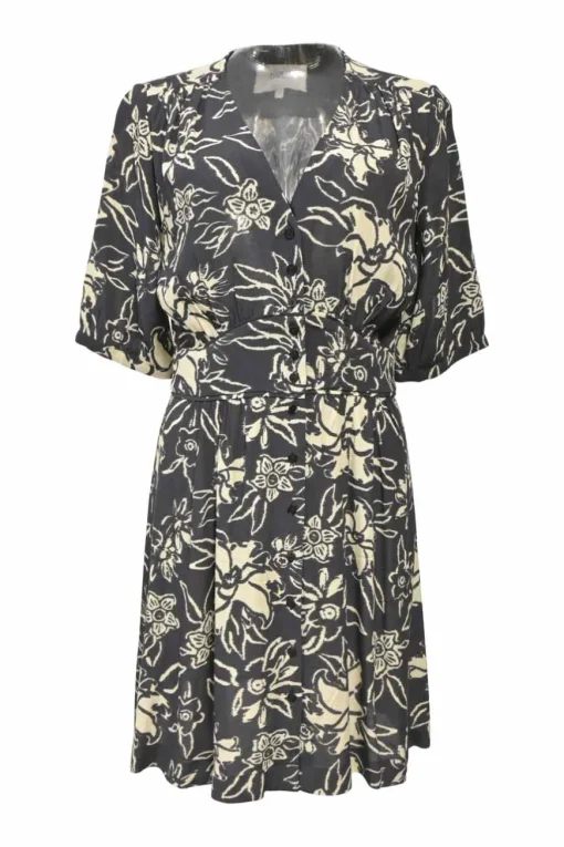 Two-tone floral print plunge neck button-front half-sleeve mini dress
