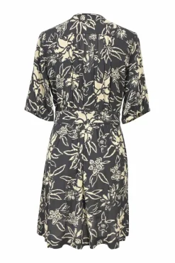 Two-tone floral print plunge neck button-front half-sleeve mini dress