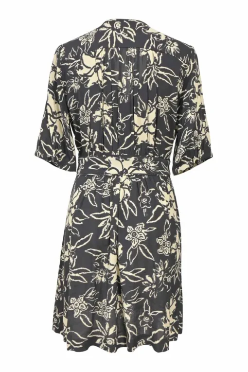 Two-tone floral print plunge neck button-front half-sleeve mini dress