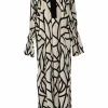 Two-tone geo-print silk notch collar Jasmine slit shirtdress