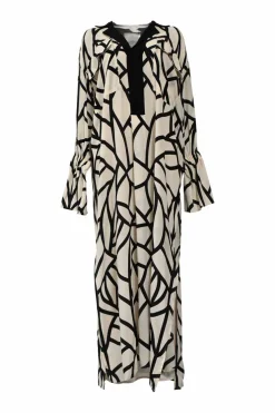 Two-tone geo-print silk notch collar Jasmine slit shirtdress