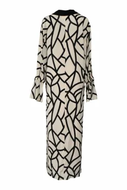 Two-tone geo-print silk notch collar Jasmine slit shirtdress