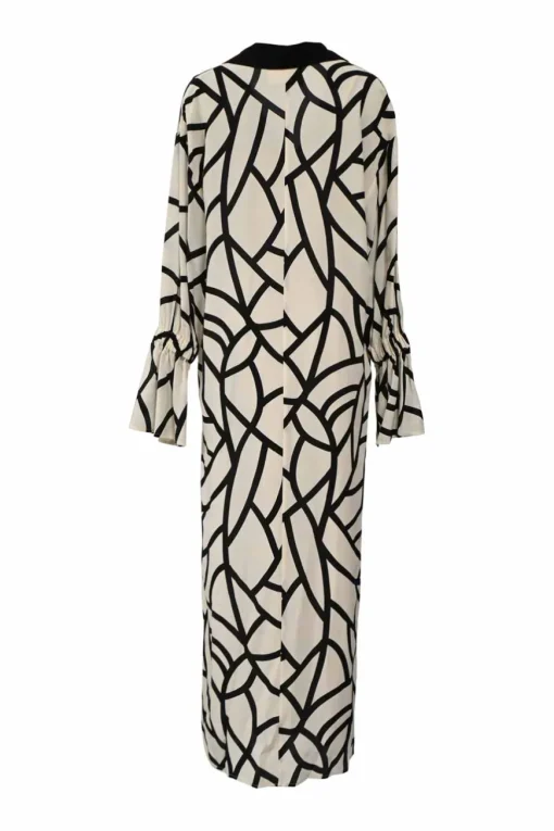 Two-tone geo-print silk notch collar Jasmine slit shirtdress