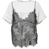 Two-tone layered crewneck T-shirt with eyelash floral lace cami overlay