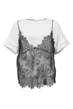 Two-tone layered crewneck T-shirt with eyelash floral lace cami overlay
