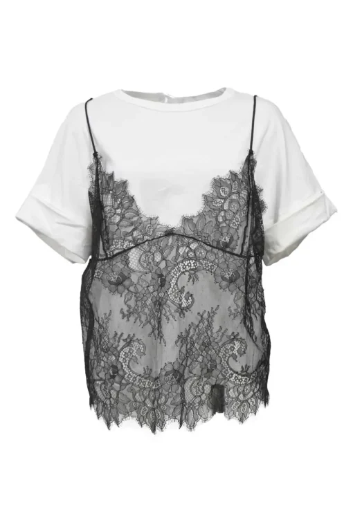 Two-tone layered crewneck T-shirt with eyelash floral lace cami overlay