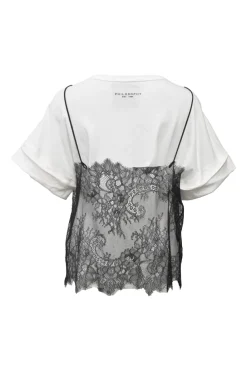 Two-tone layered crewneck T-shirt with eyelash floral lace cami overlay