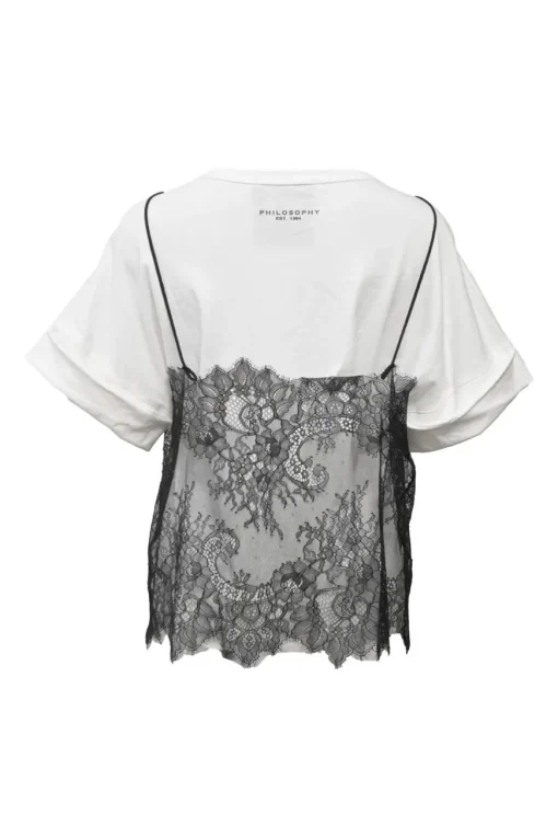 Two-tone layered crewneck T-shirt with eyelash floral lace cami overlay