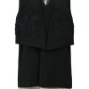Two-tone layered frill-trimmed polyester plunge neck sleeveless shift dress with built-in waistcoat