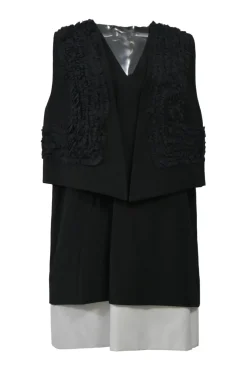 Two-tone layered frill-trimmed polyester plunge neck sleeveless shift dress with built-in waistcoat