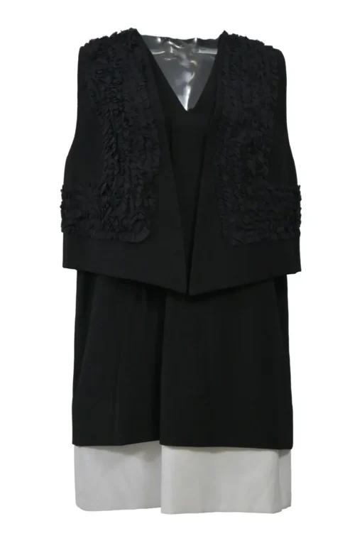 Two-tone layered frill-trimmed polyester plunge neck sleeveless shift dress with built-in waistcoat