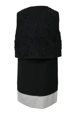 Two-tone layered frill-trimmed polyester plunge neck sleeveless shift dress with built-in waistcoat