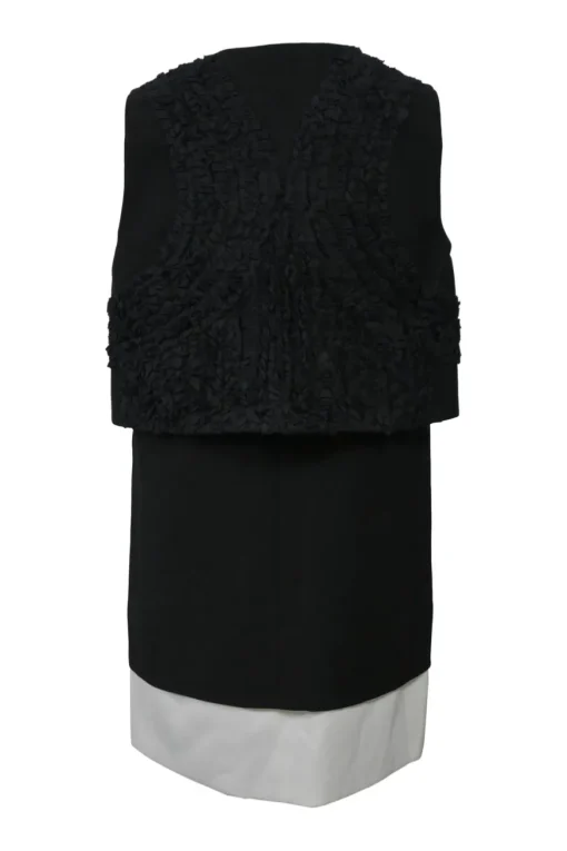 Two-tone layered frill-trimmed polyester plunge neck sleeveless shift dress with built-in waistcoat