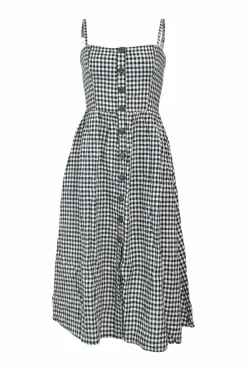 Two-tone linen gingham button-front bustier sun dress with adjustable straps