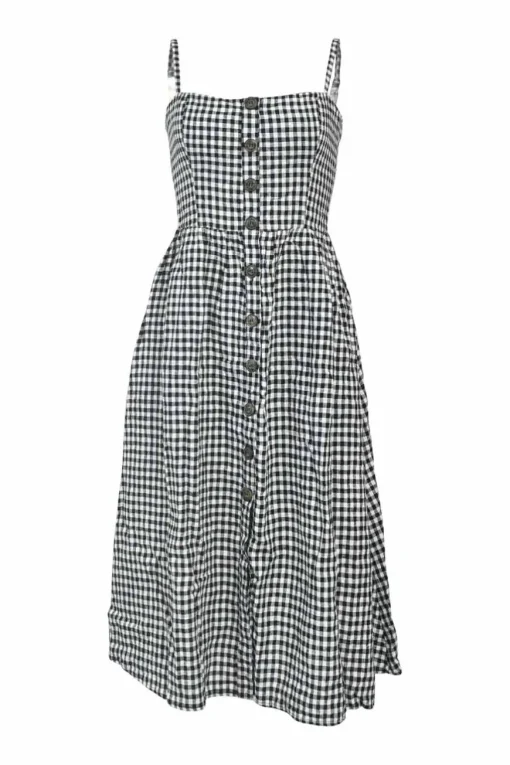 Two-tone linen gingham button-front bustier sun dress with adjustable straps