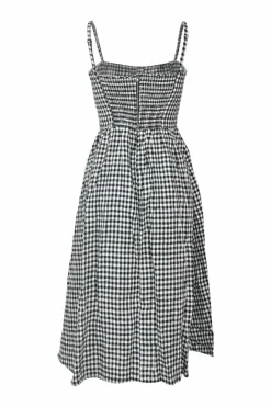 Two-tone linen gingham button-front bustier sun dress with adjustable straps