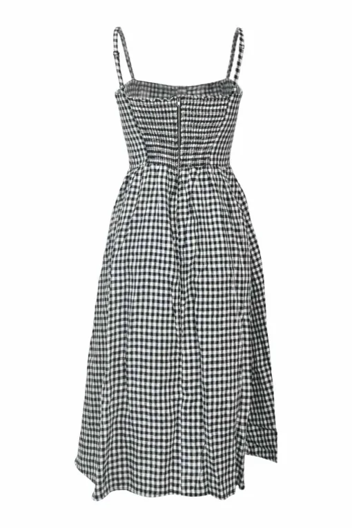 Two-tone linen gingham button-front bustier sun dress with adjustable straps